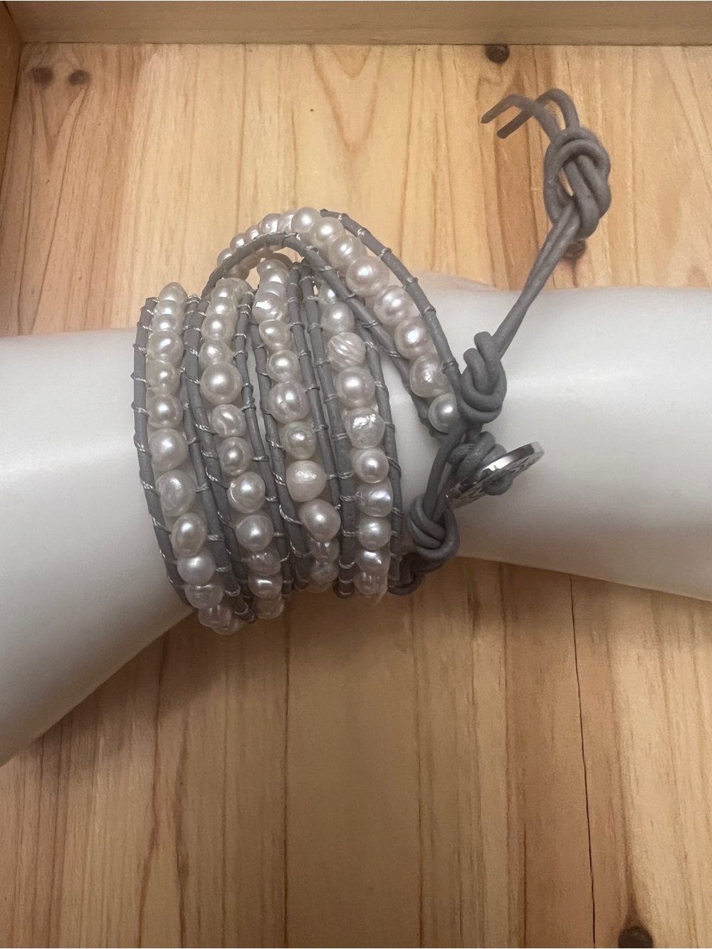 Gray Knotted Leather Strap wraparound Pearl bead bracelet.